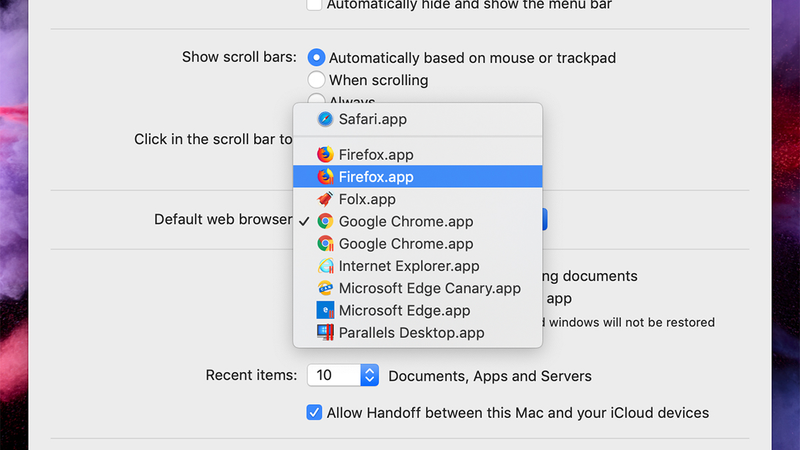 Choosing a default browser on macOS.